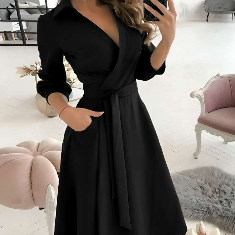 Sofia Effortless Long Sleeved Dress with a V Neck Designer Edit