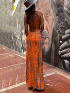 Tie - dye Print Back Lace - up Stretch Maxi Dress