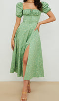 Vintage Floral Puff Sleeve Midi Dress in Green