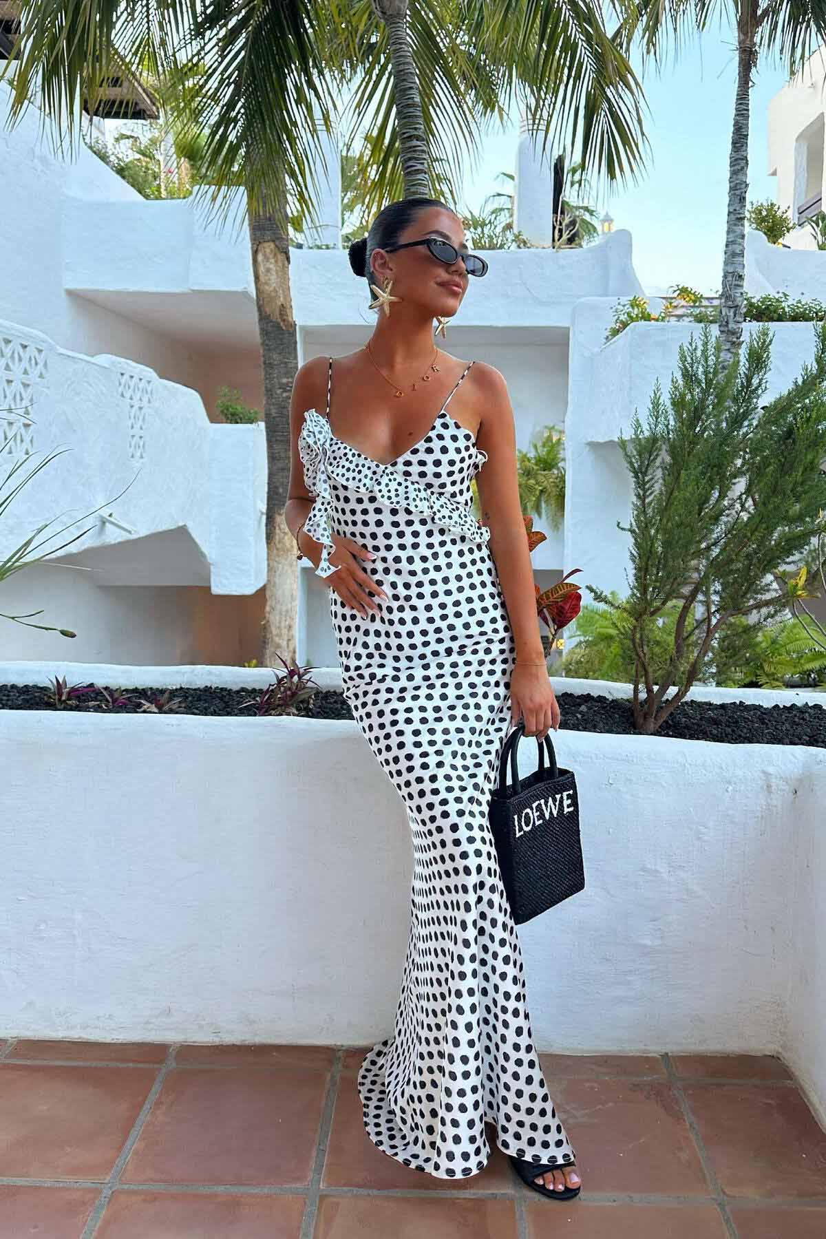 Julia Minimalist Imaginative, Dotted, Ruffled Guipure Lace Strap Maxi Dress Chic Silhouette Collection