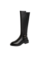 Knee High Boots With Belt Buckle Chunky Heel Black Matte