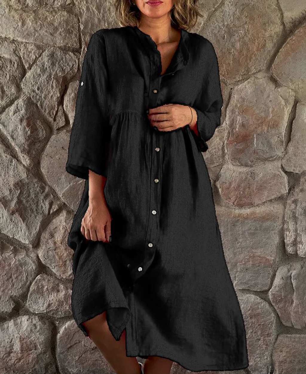 Grecia Chic Casual Long Dress with Button Elevated Occasion Wear
