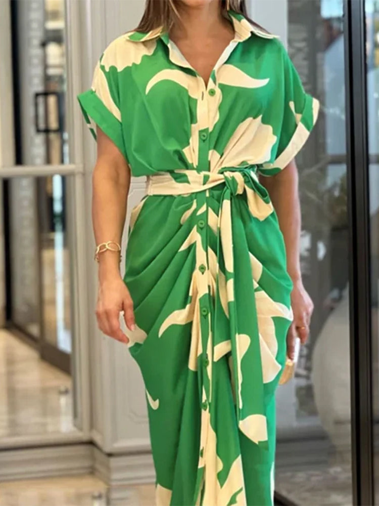 Casual Lapel Neck Waist Print Shirt Dress