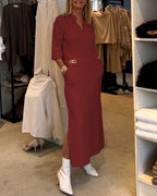 Magaly Timeless Solid Color Slit Dress with 3/4 Sleeves Premium Wardrobe Essential