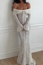 Matilde Statement Lace Wide Flared Sleeve Off Shoulder Dress Boutique Collection