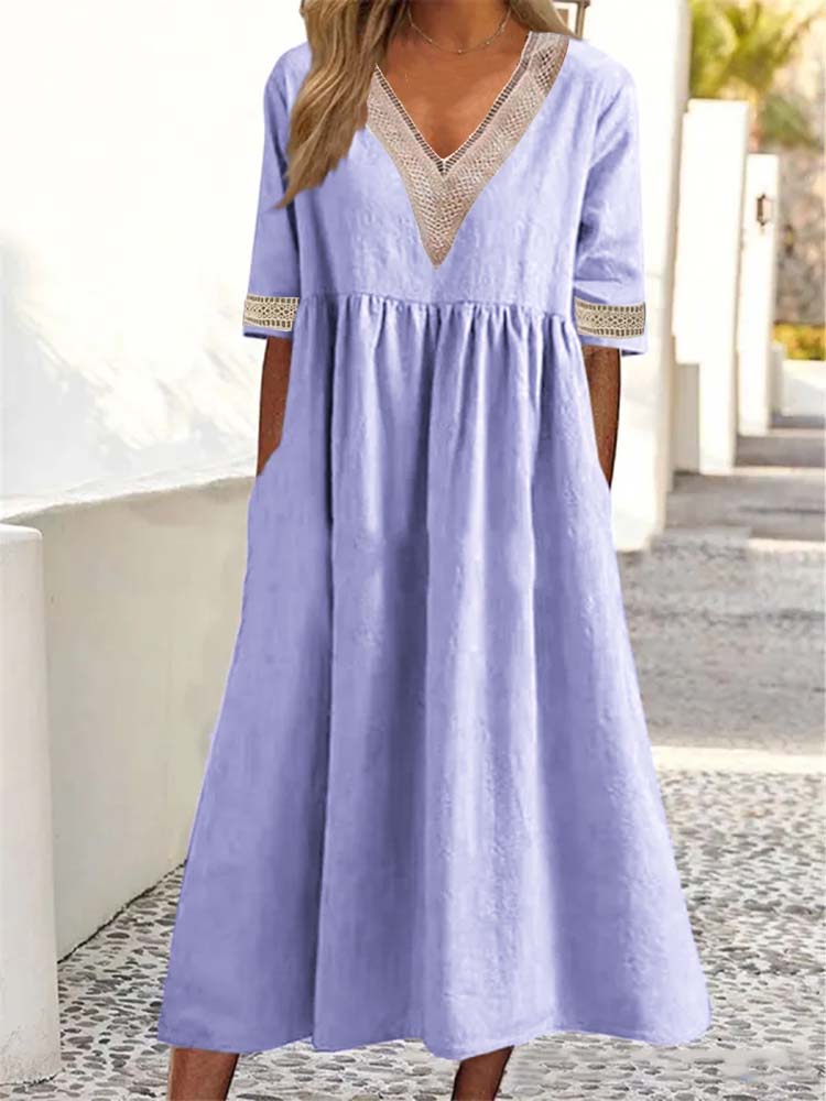 Relaxed V-Neck Chambray Side Pocket Midi Dress