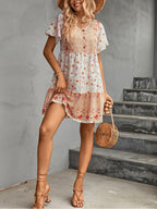 Button V-Neck Flower Short Dress