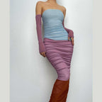 Mesh ruched contrast patchwork off shoulder maxi tube dress