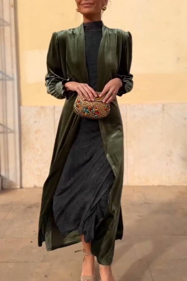 Velvet Puff-Sleeve Stand-Collar Long Coat
