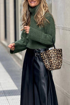 High-neck cropped lazy style knitted sweater