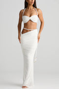 Imalia Stretch Mesh Pearl Trim Gathered Tank and  Detachable Belt Vacation Maxi Skirt Set