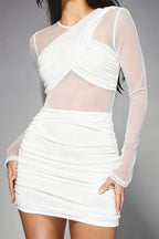 Sheer Mesh Ruched Patchwork Long Sleeve Mini Dress