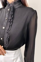 Black High Neck Ruffle Detail Button-Up Work Shirt