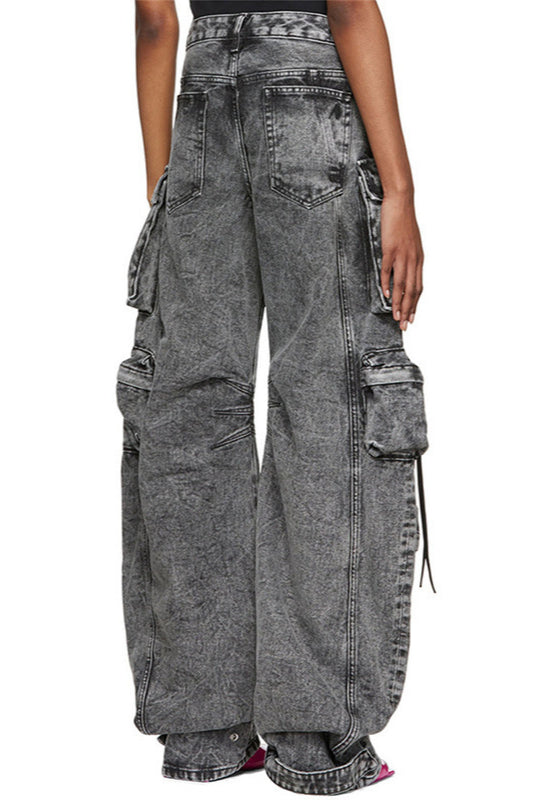 Street Style Washed Grey Multi-Pocket Cargo Pant