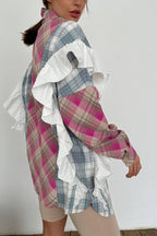 Sky Blue Plaid Print Patchwork Ruffle Shirt
