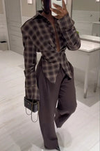 Vintage Plaid Shoulder Pad Buttons Long Sleeve Angled Hem Shirt