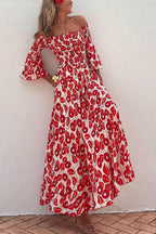 Vacation style fashionable floral print pleated one shoulder design pocket long dress