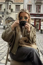 Shoulder-Buttoned Waist-Cinched Bomber Jacket