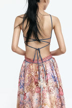 Casie Colorful Floral Print Dress Cutout Waist Back Lace-up Halter Maxi Dress