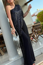 Party Favors Sequin One Shoulder Ruffle Detail Wide Leg Evening Jumpsuit