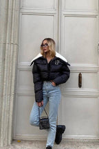 Polar Fleece Patchwork Faux Fur Collar Puffer Jacket