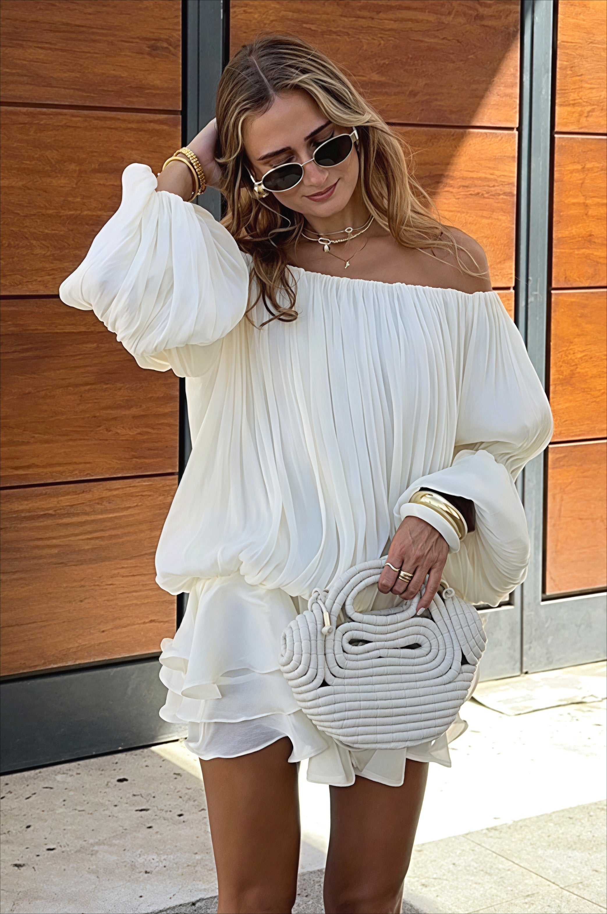 Off Shoulder Ruffle Tiered Mini Dress