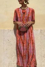 V-Neck Short Sleeve Printed Maxi Dress with Side Slit