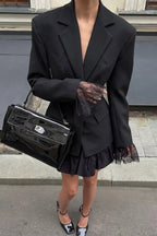 Solid Color Lace Panel Long Sleeve Button Elegant Blazer
