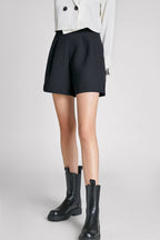 Black Pleat Detail High Waisted Shorts
