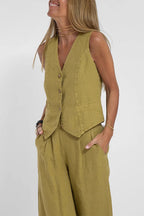 Women Casual Linen Waistcoat Two Set Suits