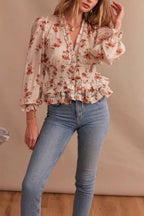 V-Neck Floral Print Waist-Cinched Ruffle Blouse
