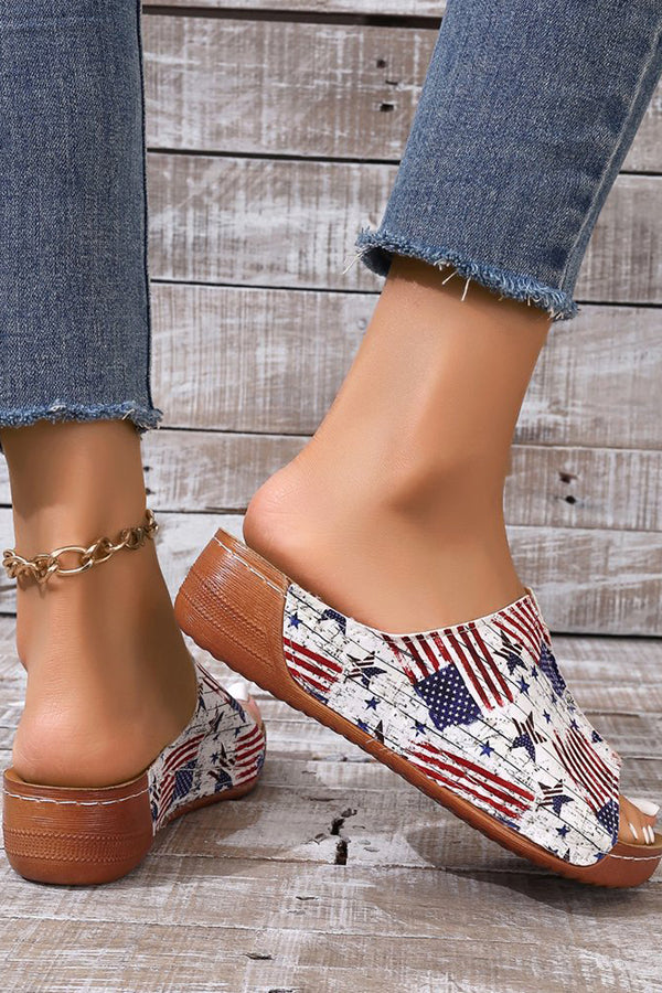 Independence Day Stars and Stripes Wedge Heel Peep Toe Slides