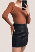 Brown Ribbed Knit Square Neck Sweater