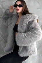 Plush Solid Color Faux Animal Fur Warm Notch Collar Coat