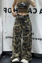 Leopard Ripped Wide Leg Jeans