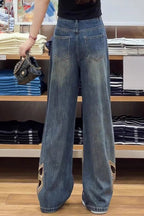 Heavy Embroidery Rhinestone Cutout High Waist Jeans