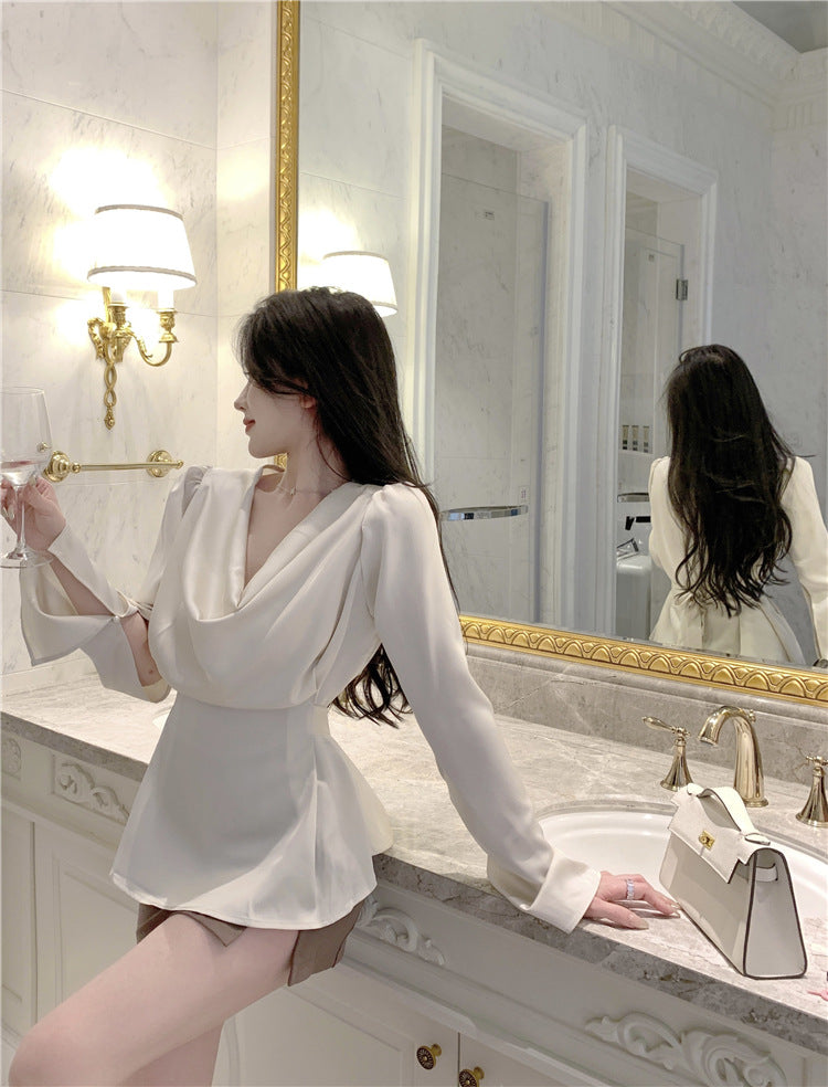 Beige Satin Cowl Neck Long Sleeve Blouse