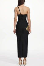 Roanna One Shoulder Sleeveless Glossy Tassels Bandage Maxi Dres