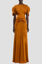 Isabella Satin Short Sleeve Ruched Waist V-shape Back Gown Maxi Dress