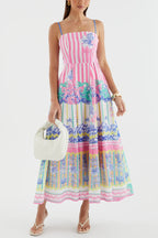 Unique Print Spaghetti Strap Square Neck Fitted Waist Elegant Maxi Dress