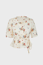 Ivory Floral Print Surplice V-Neck Tie Detail Blouse