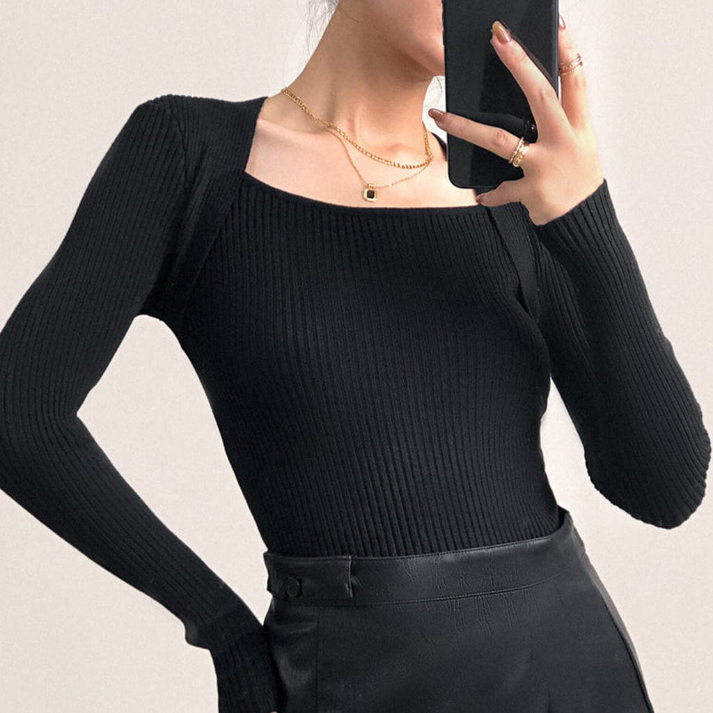 Black Ribbed Knit Square Neck Sweater