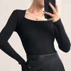 Black Ribbed Knit Square Neck Sweater