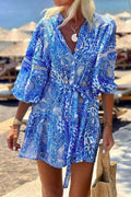 Fashion Stand Collar Shift Printed Resort Mini Dress