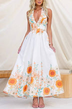 Sunflower Print Halter Backless Waist Tiered Maxi Dress