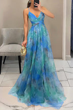 Ladies' summer princess chiffon printed hollow sexy waist and back lace up long dress