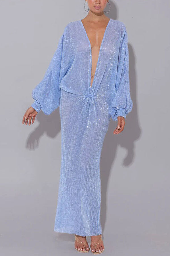 Modern Elegance Sequin Sheer Long Relaxed Sleeve Ruched Drape Maxi Dress