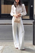 French-style lace openwork collared puff sleeve short shirt