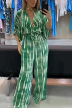 Striped Print V-Neck Lace-Up Casual Wide-Leg Jumpsuit