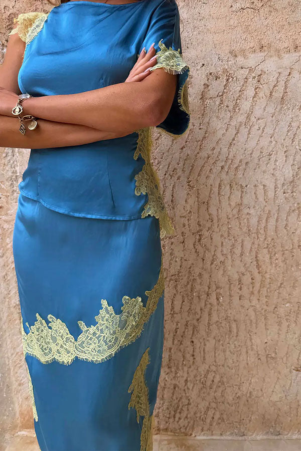 Kira Contrast Color Satin Lace Trim High Rise Maxi Skirt